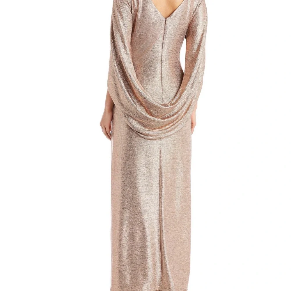 R&M Richards Metallic Taupe Long Sleeve Ruched Cocktail Dress